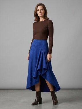 Line & Dot Sina Ruffle Midi Skirt Small Cobalt Blue Asymmetric Cascade NWT